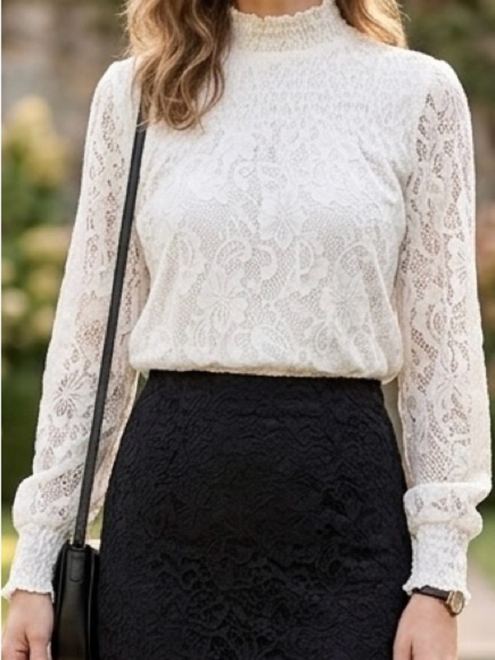Adiva White Stretch Lace Mock-Neck Blouse